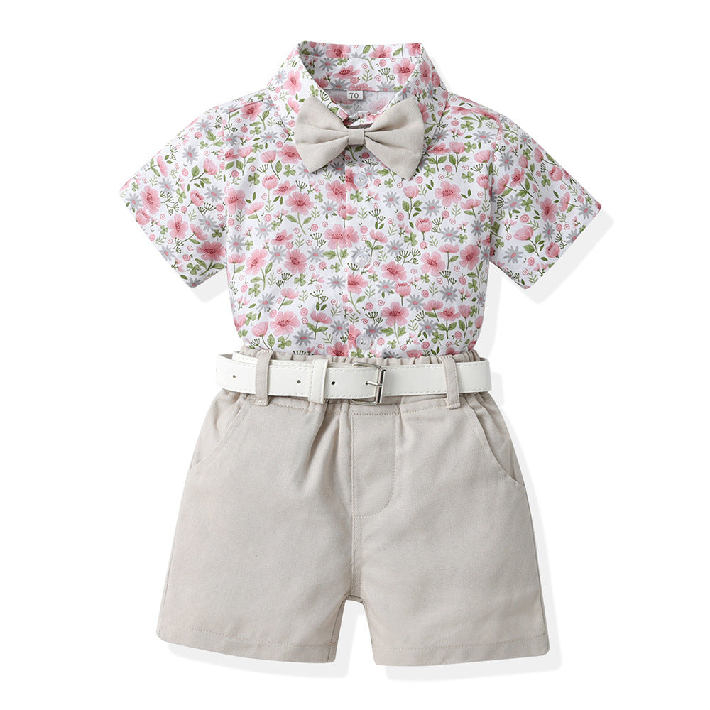 Boys' summer outfit: trendy suit with belt - new stylish and handsome summer short-sleeve shirt for fashionable babies