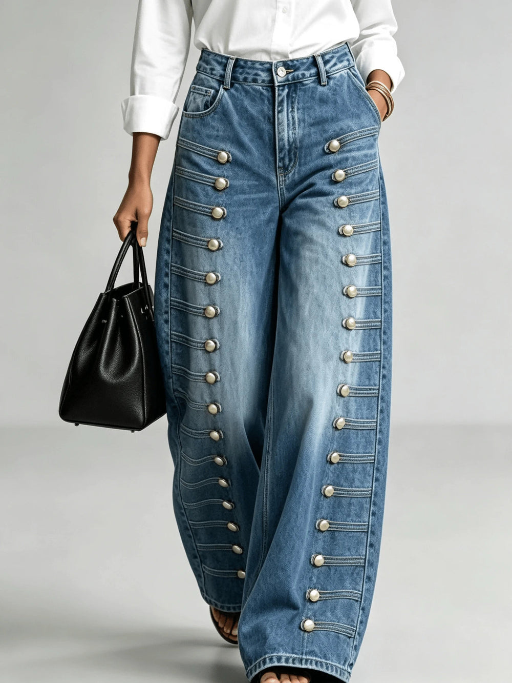 Fashionjeans women's side multi-breasted sense of design loose pants washed blue loosedrapedmop denim pants