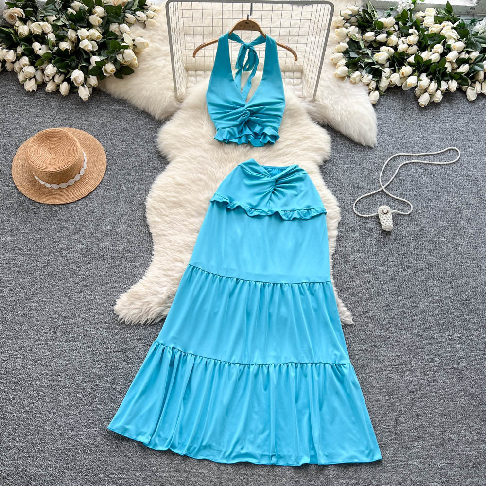 Summer outfit set: women's sexy v-neck halter twist knot waist tie back top + high-waisted flared midi skirt