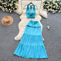 Summer outfit set: women's sexy v-neck halter twist knot waist tie back top + high-waisted flared midi skirt