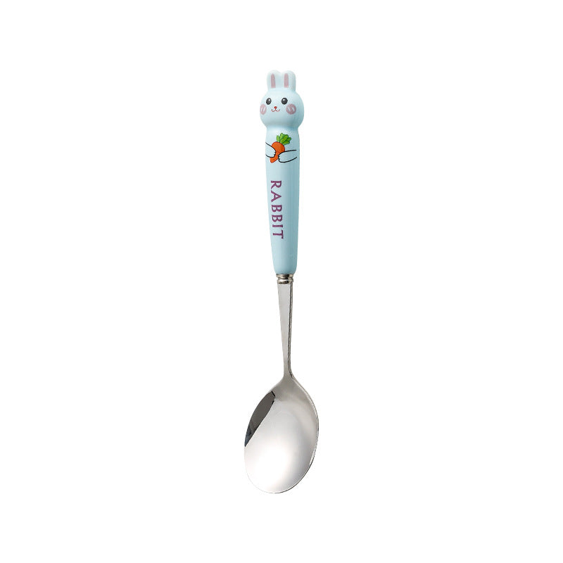Cartoon stainless steel cutlery set: cute kids' forks with stylish ceramic handles, exquisite dessert spoons, and serving spoons