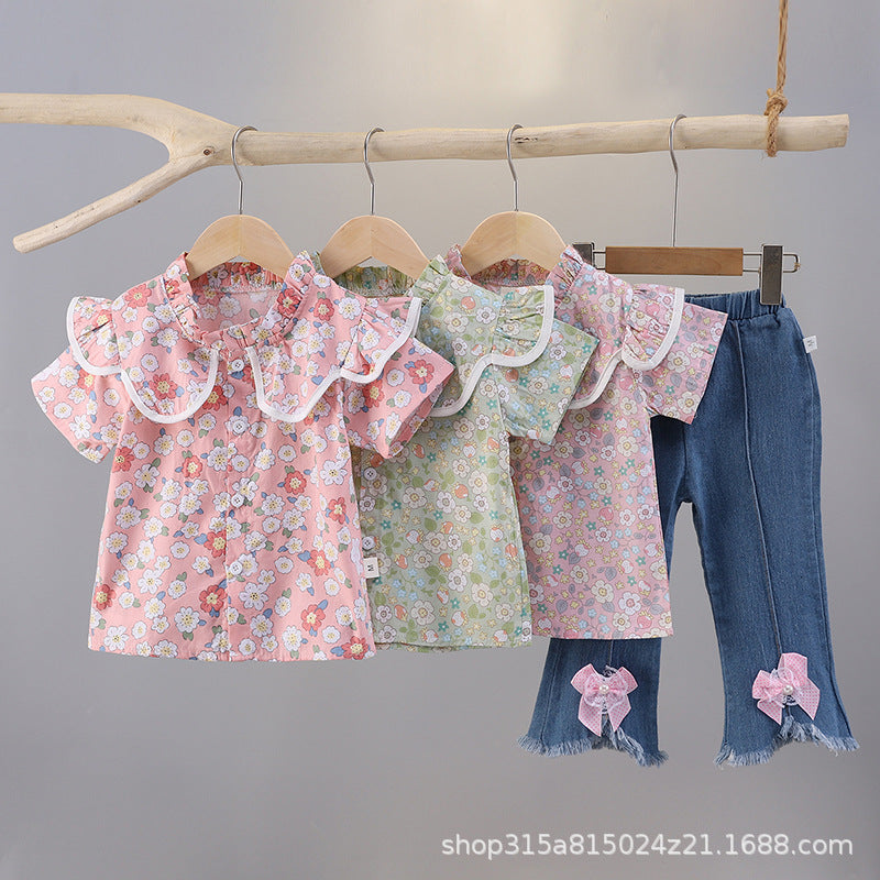 Summer floral dress set for 0-4 year old baby girls - single-breasted skirt, short-sleeve children's summer outfit