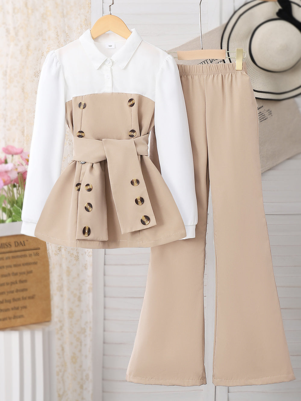 Girls' two-piece outfit: patchwork top + flare pants set