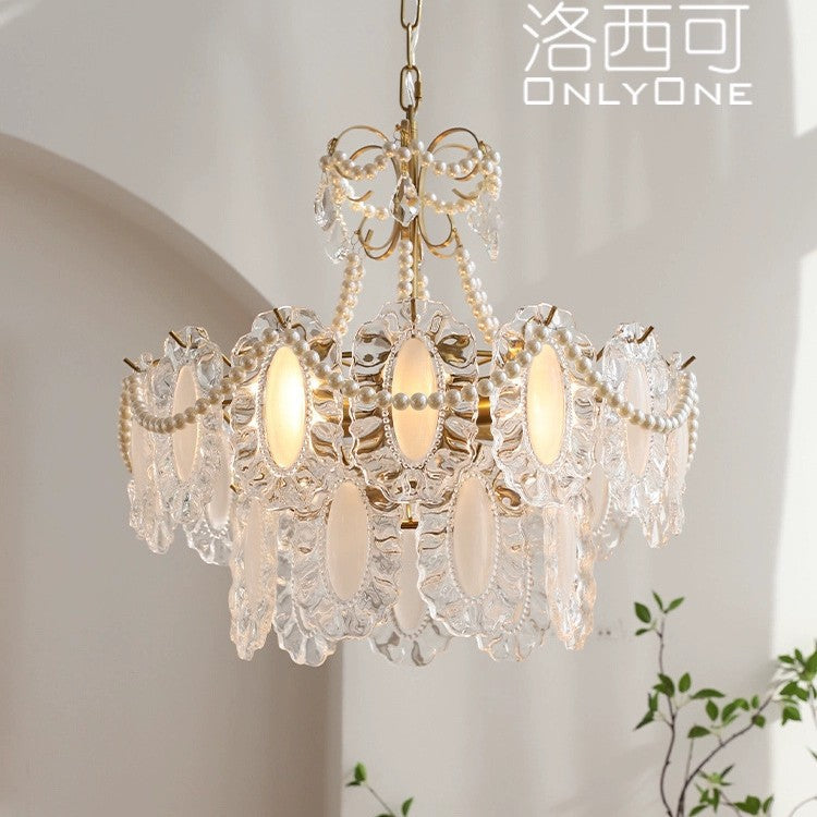 French Gorgeous Retro Pearl Glass Dining Room Bedroom Lighting Cream Wind Premium Light Luxury Crystal Living Room Chandelier