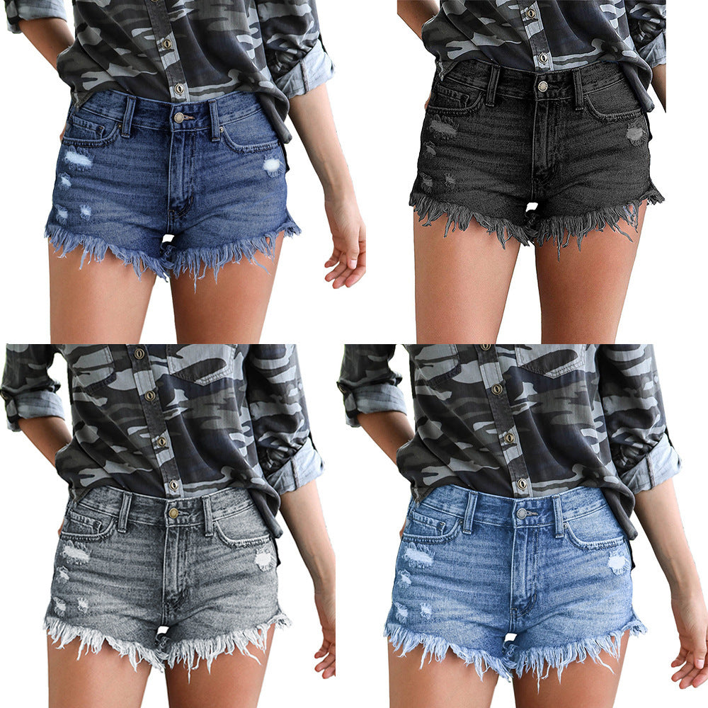 Factory direct cross-border trade  new ripped fringe stretch  denim shorts hot pants trendy women's