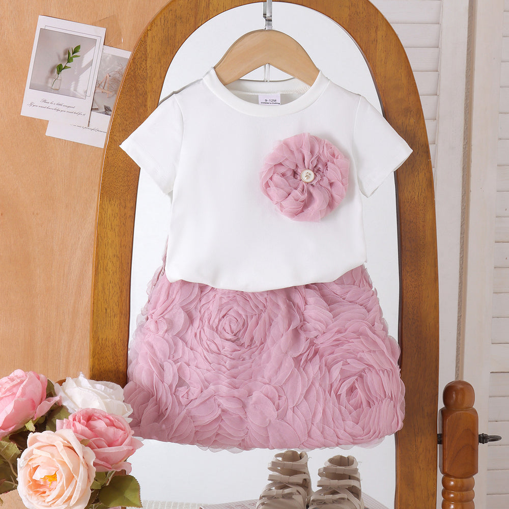 Children's clothing cross-border european and american girls white short-sleeved t-shirt + pink skirt two-piece set