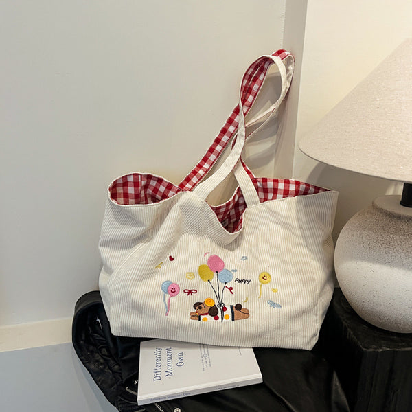 2025 Corduroy cute embroidered puppy shoulder bag women's casual plaid canvas bag fashion tote bag