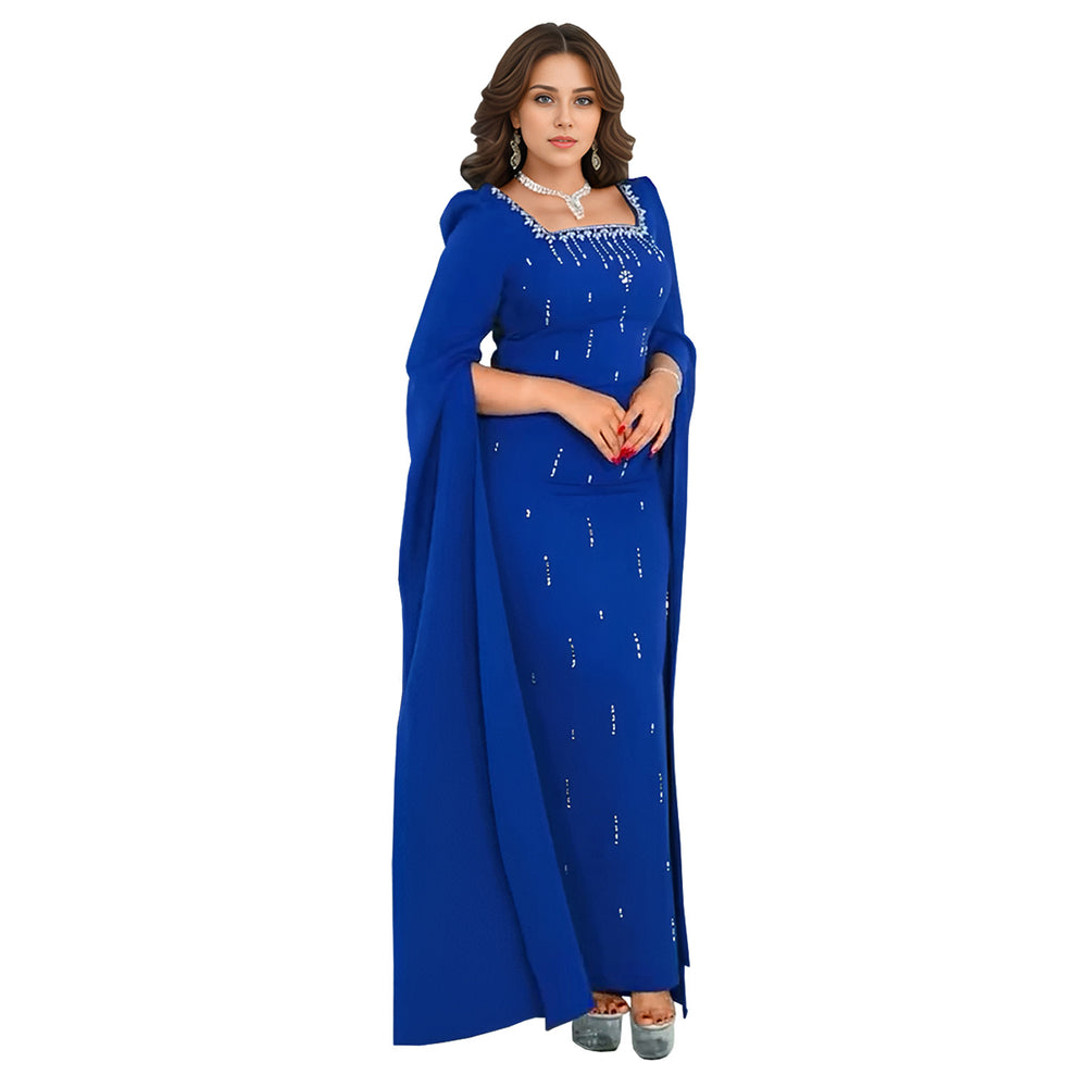 C7259 cross-border   fashion women's back-slit cape sleeve rhinestone embellished elegant dress