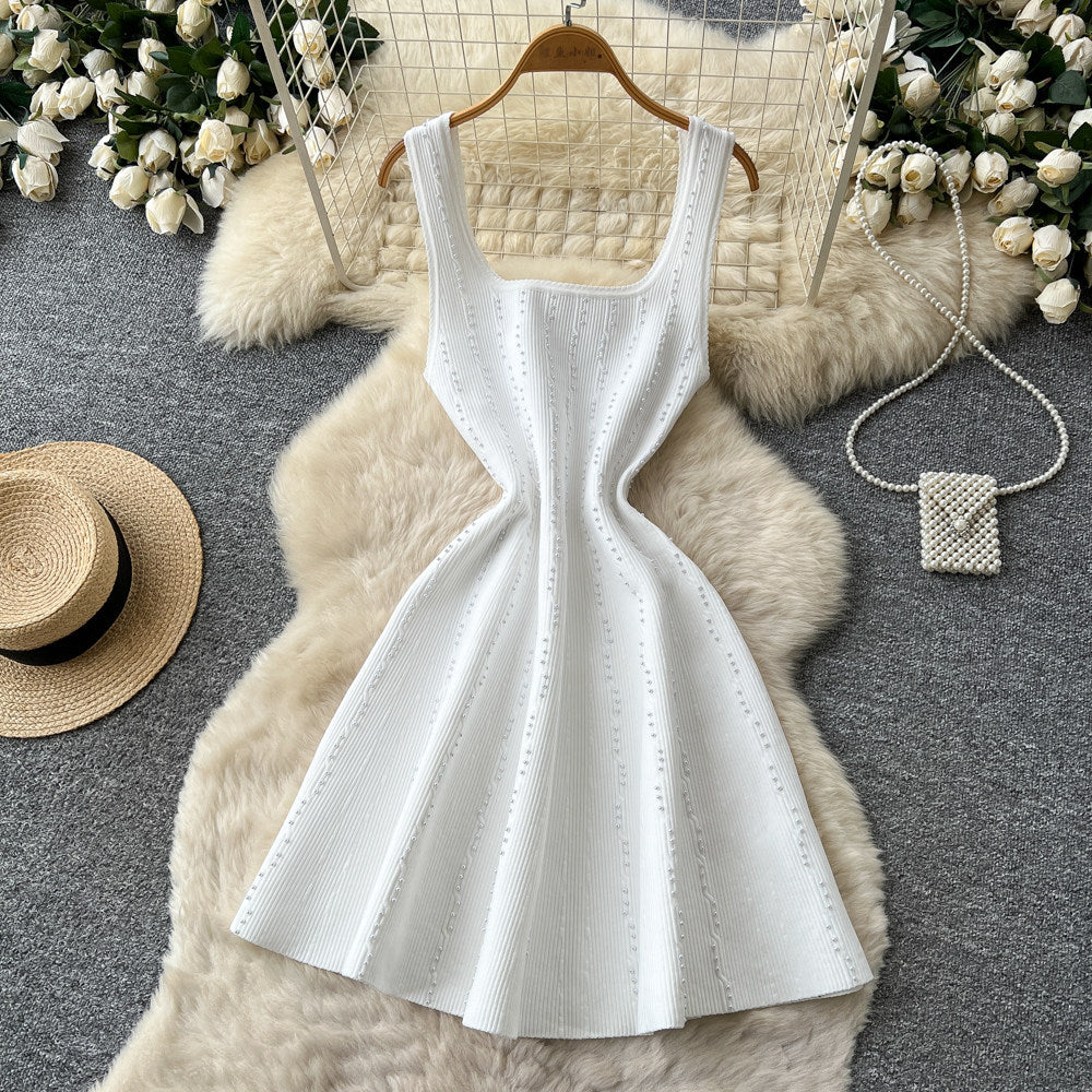 french chic sleeveless a-line knit mini dress - summer pearl embellished versatile dress