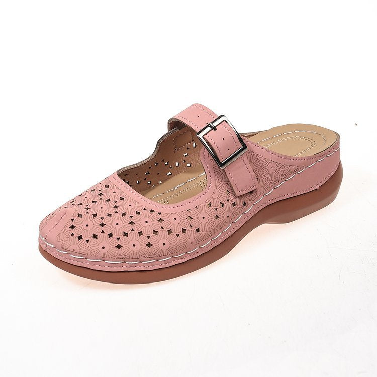 Exportnew arrivalplus sizecut out toe thick bottom slippers women's retro style buckle lazy back empty half slippers sandals wholesale
