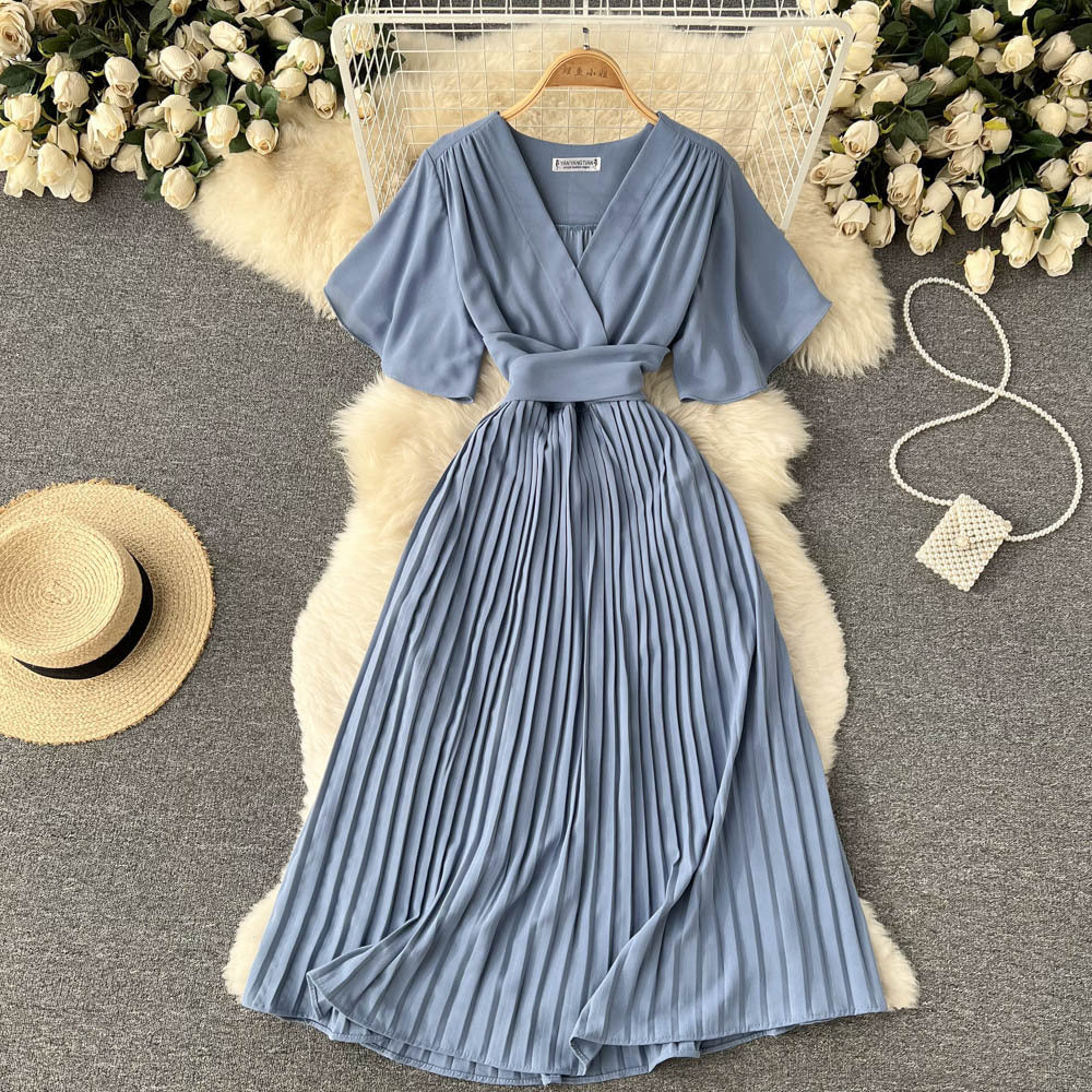 French pleated silmlong holiday style chiffon pleated long skirt pure colorelegantv necknew arrivalfrenchdress