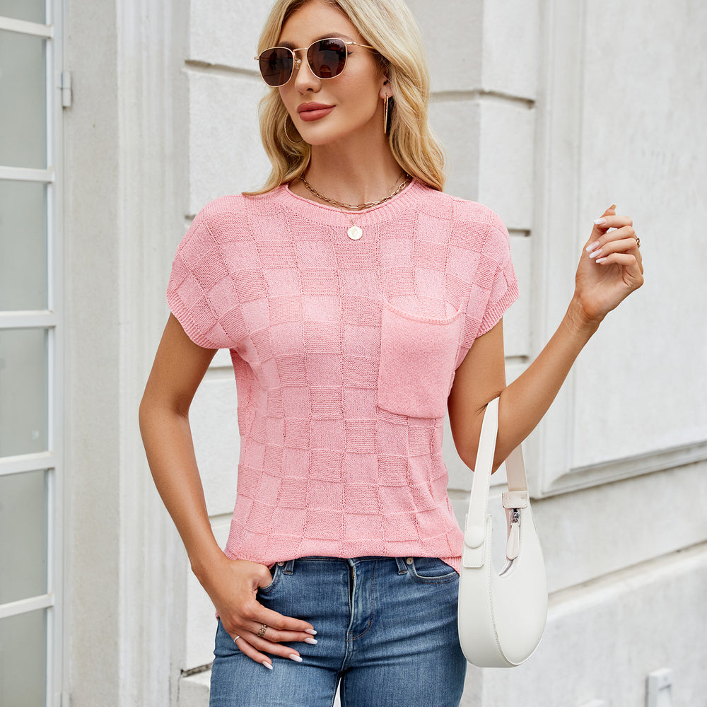 European and american export cross-border women's clothing  spring/summer new  small check knitted casual women's sweater top