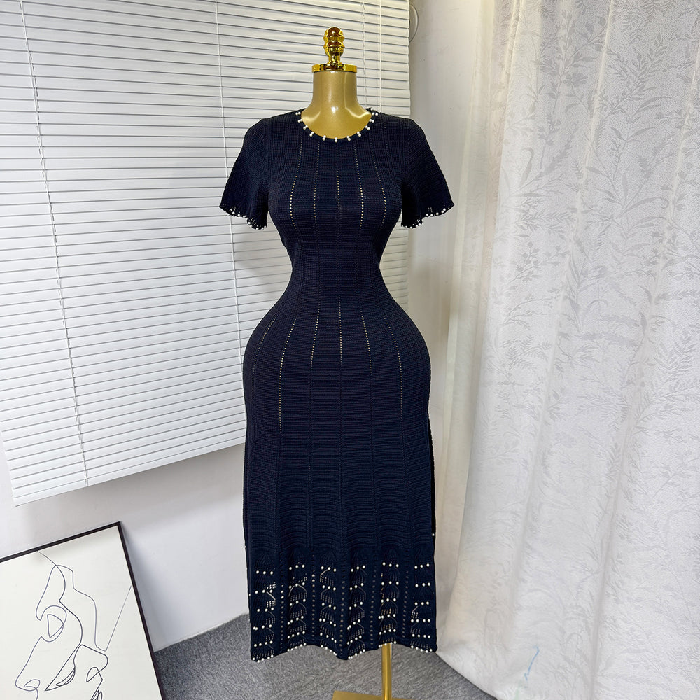 summer new arrival: elegant round neck beaded hollow-out slim-fit short sleeve knitted dress for women