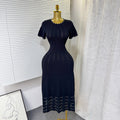 summer new arrival: elegant round neck beaded hollow-out slim-fit short sleeve knitted dress for women