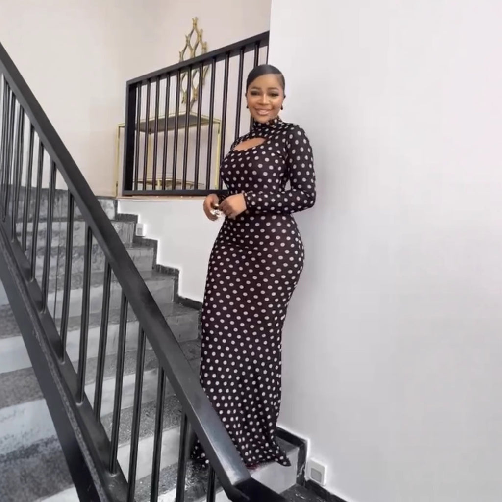 European and American new printed semi-turtleneck hollow sexy hip-wrapped long-sleeved dress polka dot long dress