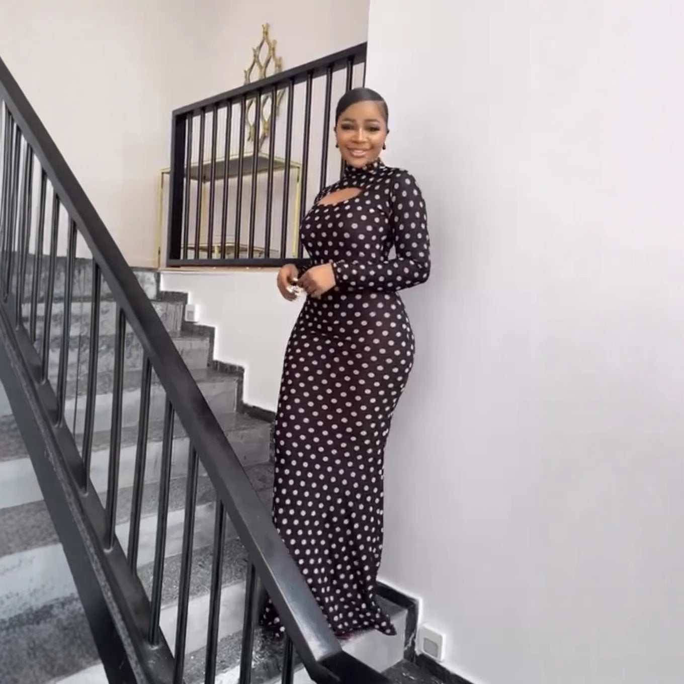 European and American new printed semi-turtleneck hollow sexy hip-wrapped long-sleeved dress polka dot long dress