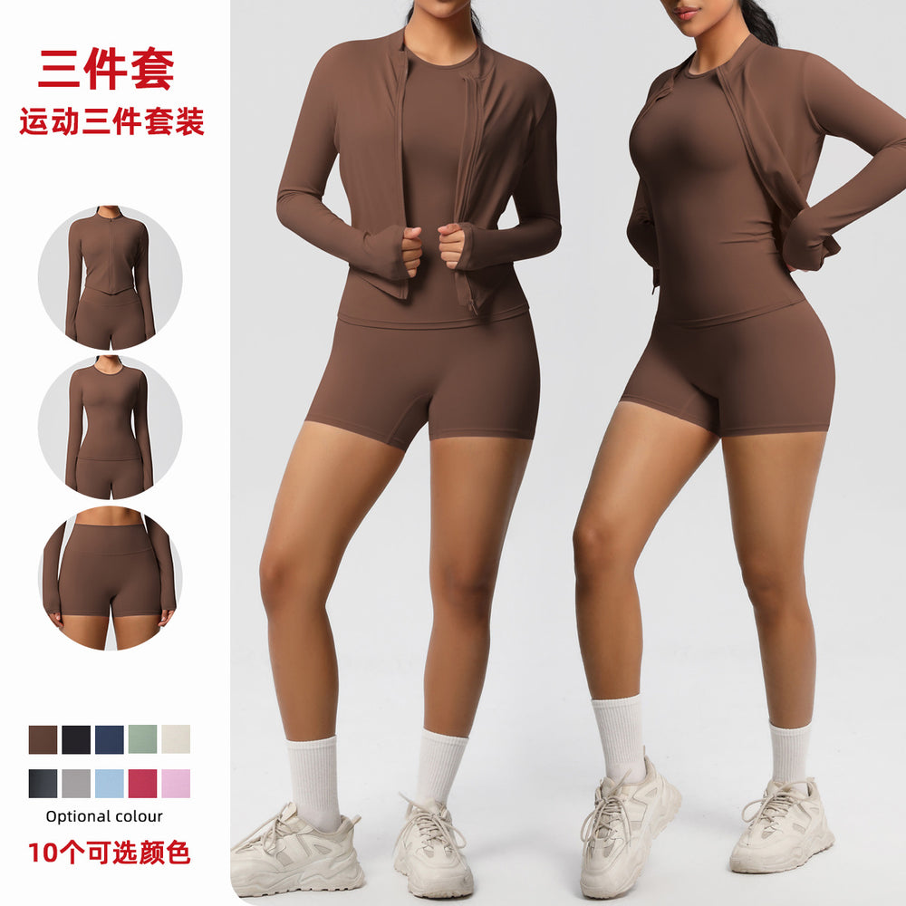 new breathable brushed fleece long-sleeve workout set - solid color three-piece gym outfit for women