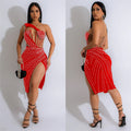 C6968 cross-border   independent station fashion fashion women's net rhinestone medium longdress