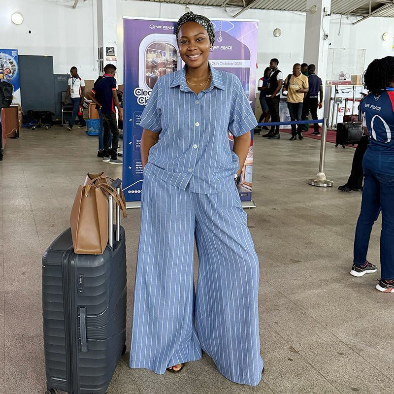 European and american women's clothing  autumn new collection: sweet and fresh striped turn-down collar short-sleeve shirt and high-waisted straight-leg pants two-piece set