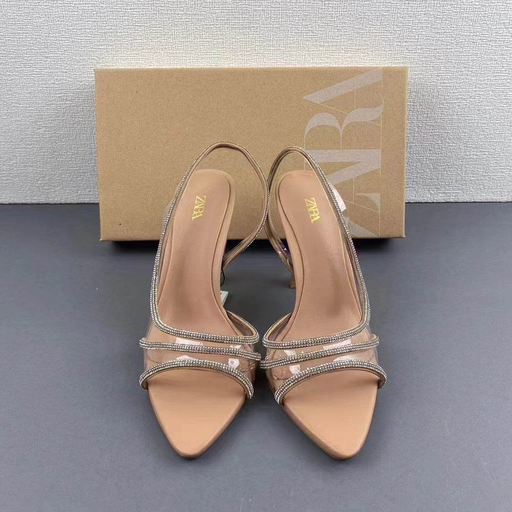 Za 2024 summer new women's shoes - natural color, glossy embellished high heel stiletto sandals with transparent pointed toe