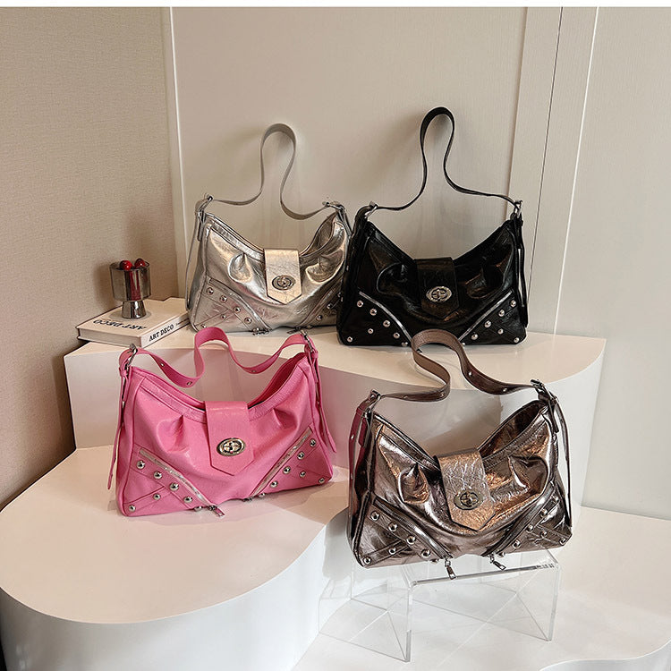 Retro personalized locomotive bag 2025 new fashionable large-capacity willow nail tote bag heavy industry foreign gas shoulder armpit bag