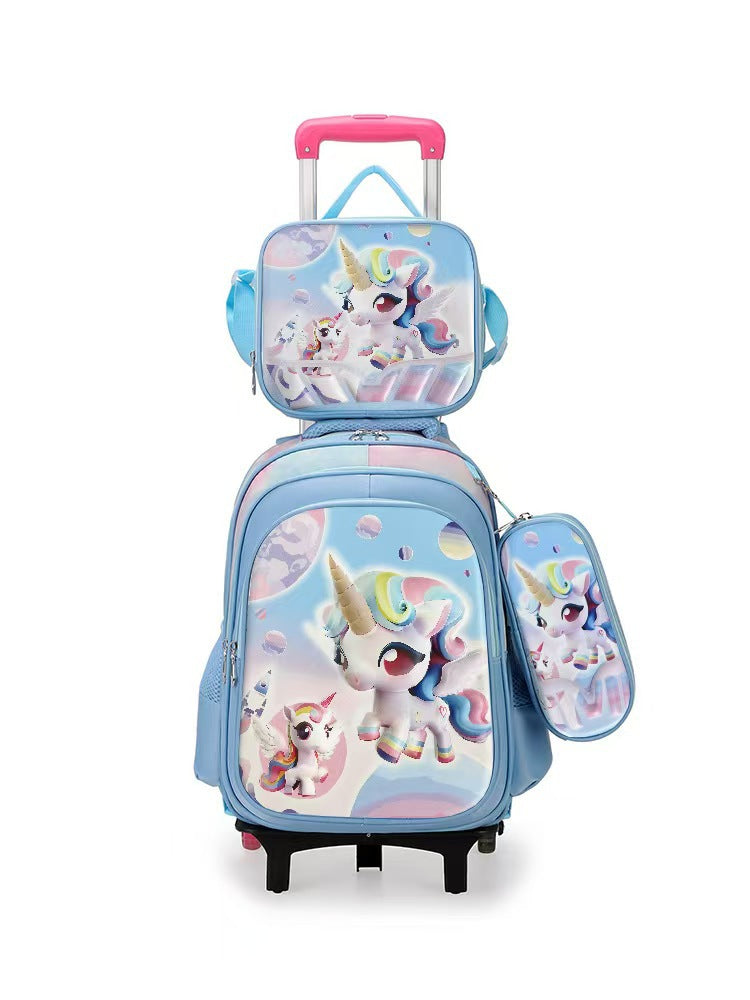 New 3d leather elementary school nylon fabric three-piece set kids' trolley backpack foreign trade lunch bag factory in stock