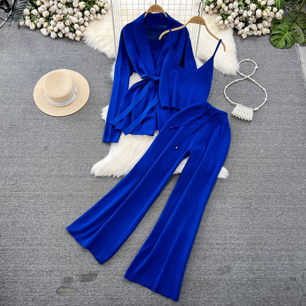 Fashionsuit female k-stylelong sleevesv neck waist knittingoutwear camisole three-piece set high waistloose pants
