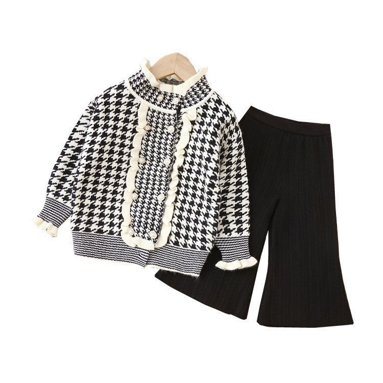Girls' knitted sweater two-piece set -  autumn/winter houndstooth pattern - little girl's cardigan and sweater for toddlers and young children