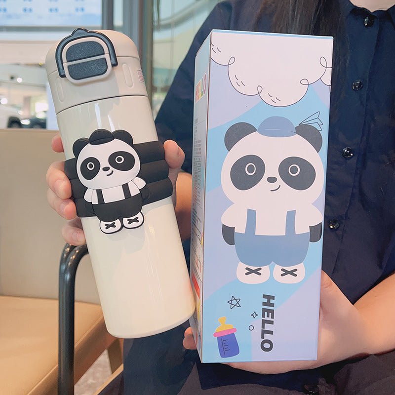 Cartoon red panda straight body insulated water bottle, 316 stainless steel, large capacity, dual-drink kids' water bottle, cute straw cup