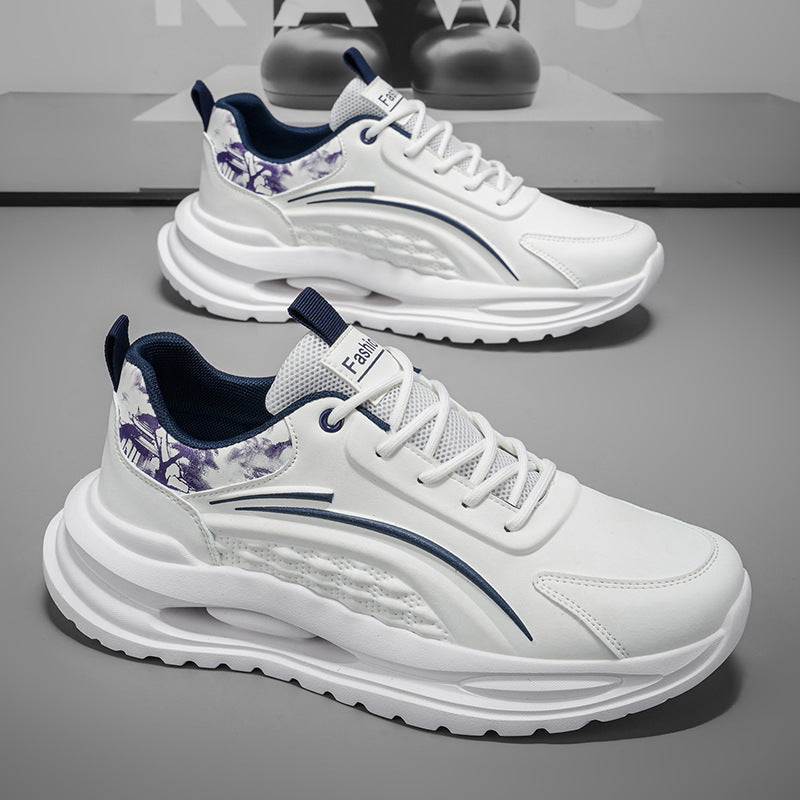 Sports breathable men's shoes spring leather shock-absorbing running shoes youth soft bottom lightweight student white daddy trendy shoes