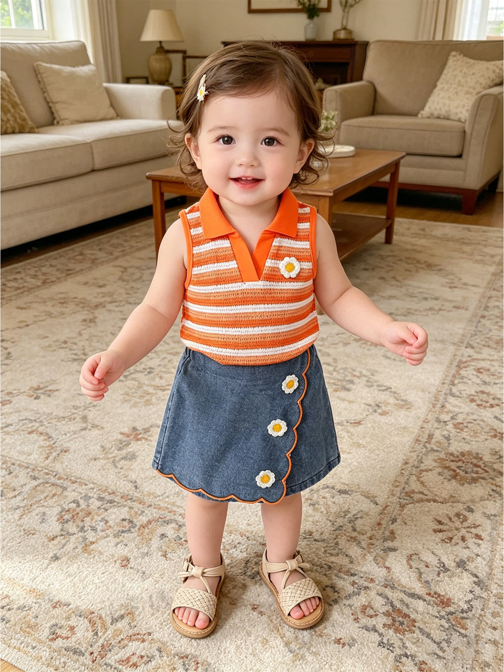 cross-border girls' fashion ruffle one-shoulder cami top + irregular embroidered floral denim jeans two-piece set