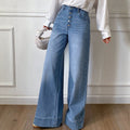 Fashionjeans women's multi-breasted high waist wide leg pants blue washed drapedloosemop denim pants