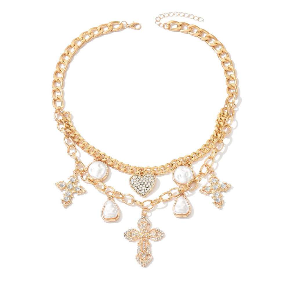 Stacked love cross necklace wholesale european and american cross-border cold style multi-layer exaggerated imitation pearl pendant clavicle chain