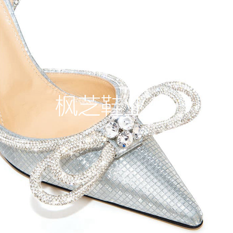 2026 european and american strappy high heel sandals, stiletto heel with bow detail, closed-toe high heels, pointed toe fashion custom pointed stiletto heels