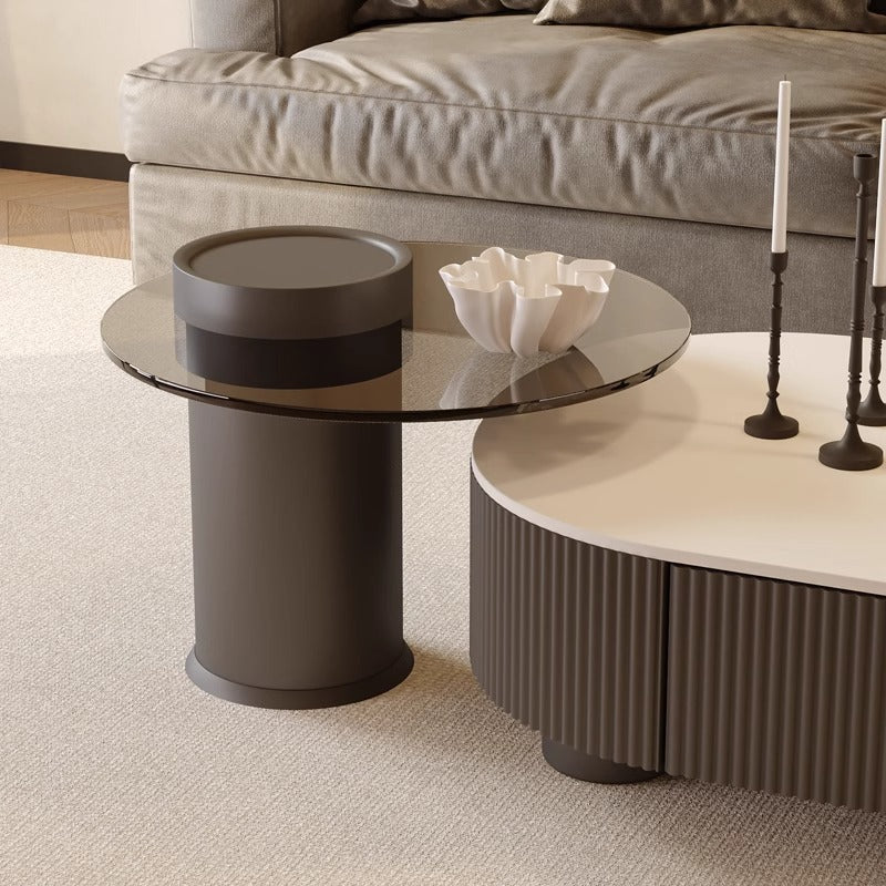 Cream oval rock slab coffee table - new living room design for small spaces, modern minimalist, high-end light luxury with storage