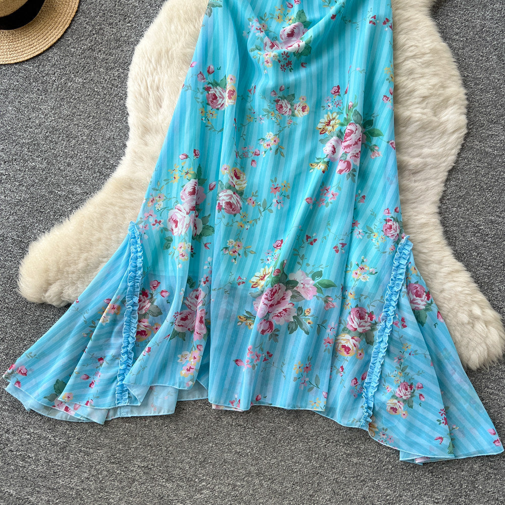 French riviera style blue floral print cami dress - women's summer dress, sweet & sexy v-neck, cinched waist, elegant maxi dress