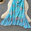 French riviera style blue floral print cami dress - women's summer dress, sweet & sexy v-neck, cinched waist, elegant maxi dress