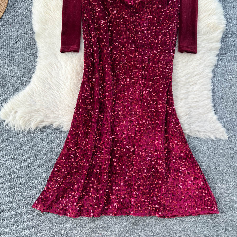 Fashionelegant dinner style black sequindress women's long sleevesv necksilmelegance mermaid dressclassy