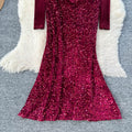 Fashionelegant dinner style black sequindress women's long sleevesv necksilmelegance mermaid dressclassy