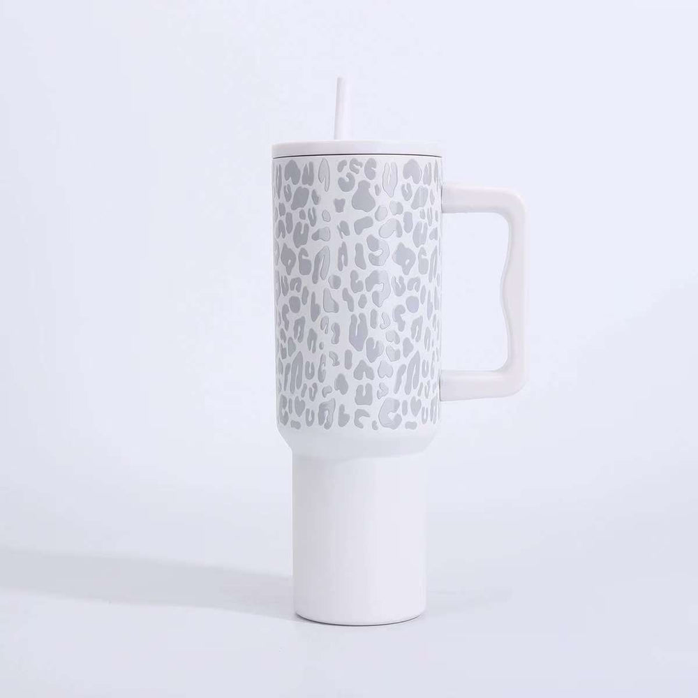 leopard print 40oz stainless steel thermos cup large capacity with handle vacuum straw cup outdoor car cup
