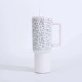 leopard print 40oz stainless steel thermos cup large capacity with handle vacuum straw cup outdoor car cup