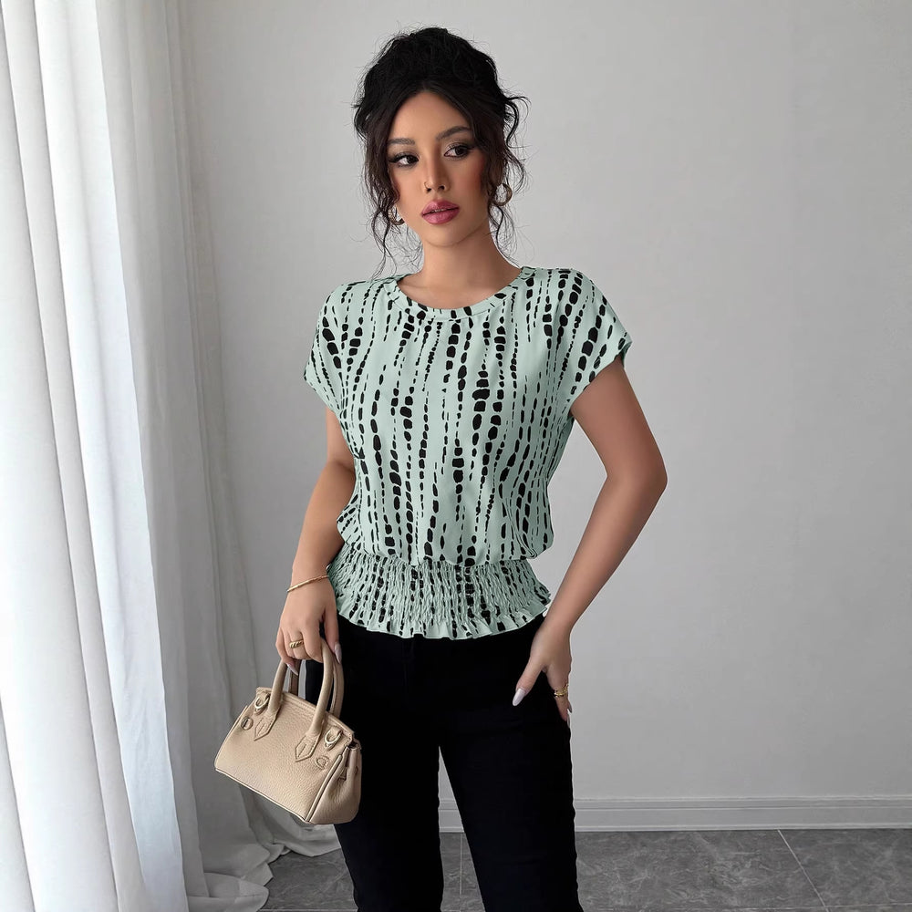cross-border   independent station fashion women's summer short sleeve round neck elastic waist printing shirt