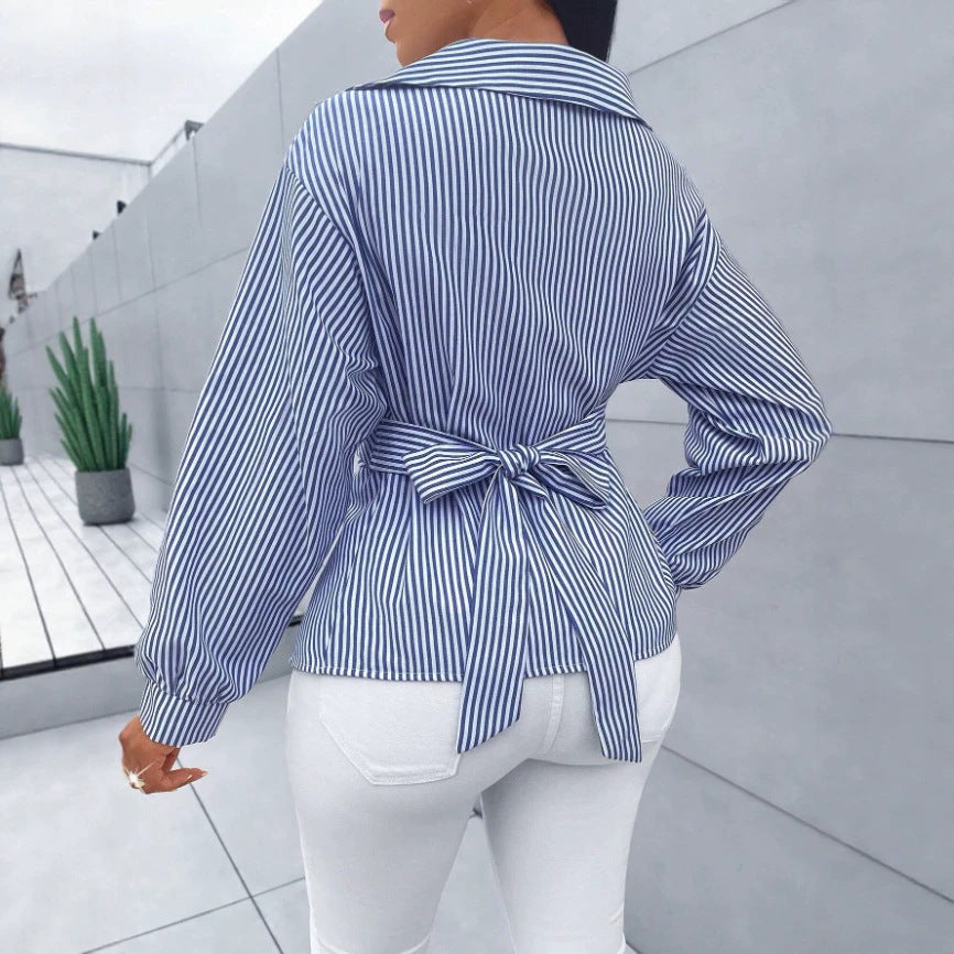 European and american cross-border  hot-selling new spring/summer fashionable sexy versatile striped long-sleeved women's shirt