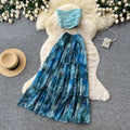 Pure desire wind blue printingtube topsilm two-piece set women's summer slimming look vacation style suit skirt classy