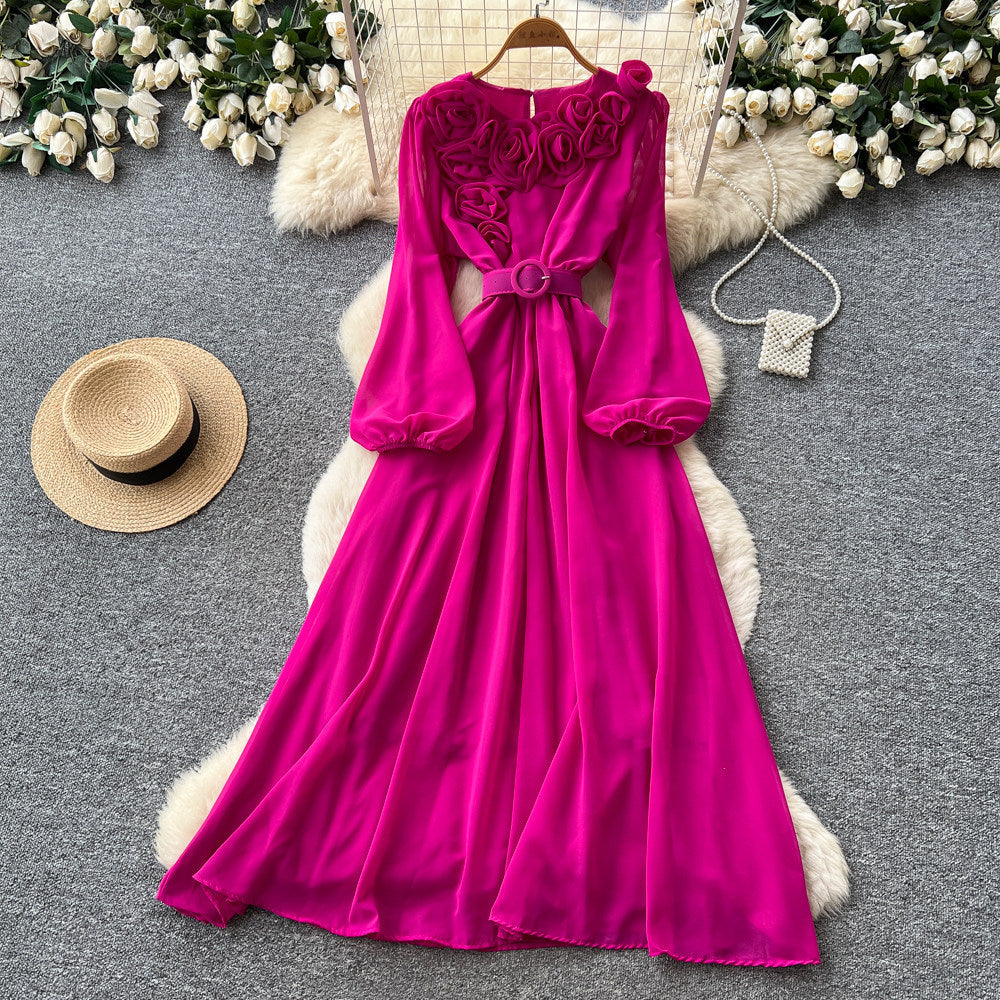 Vintage chic lantern sleeve v-neck lace patchwork dress - women's summer korean style slimming a-line maxi dress