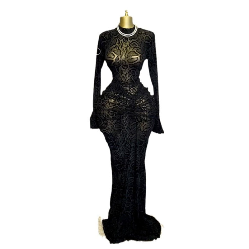 European and american women's clothing  summer new arrival: elegant half-high neck mesh long sleeve high-waisted bodycon mini dress
