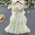 French gentle style one shoulder suspender rufflespatchworkdress women's waist elegant cut outembroiderlong skirt