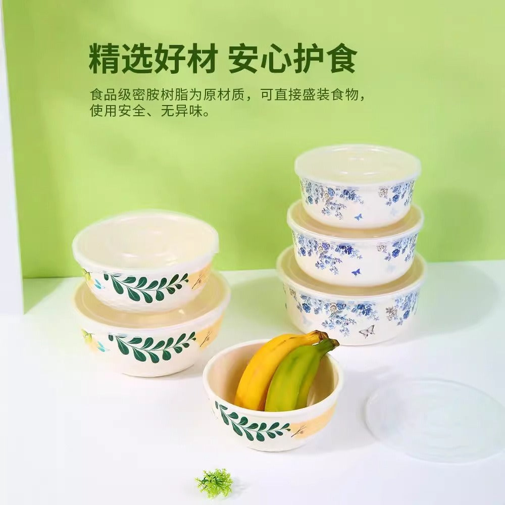 Bowl set Fresh-keeping bowl Instant noodle bowl Melamine tableware Lunch box Imitation porcelain round soup bowl with lid Sealed bento box