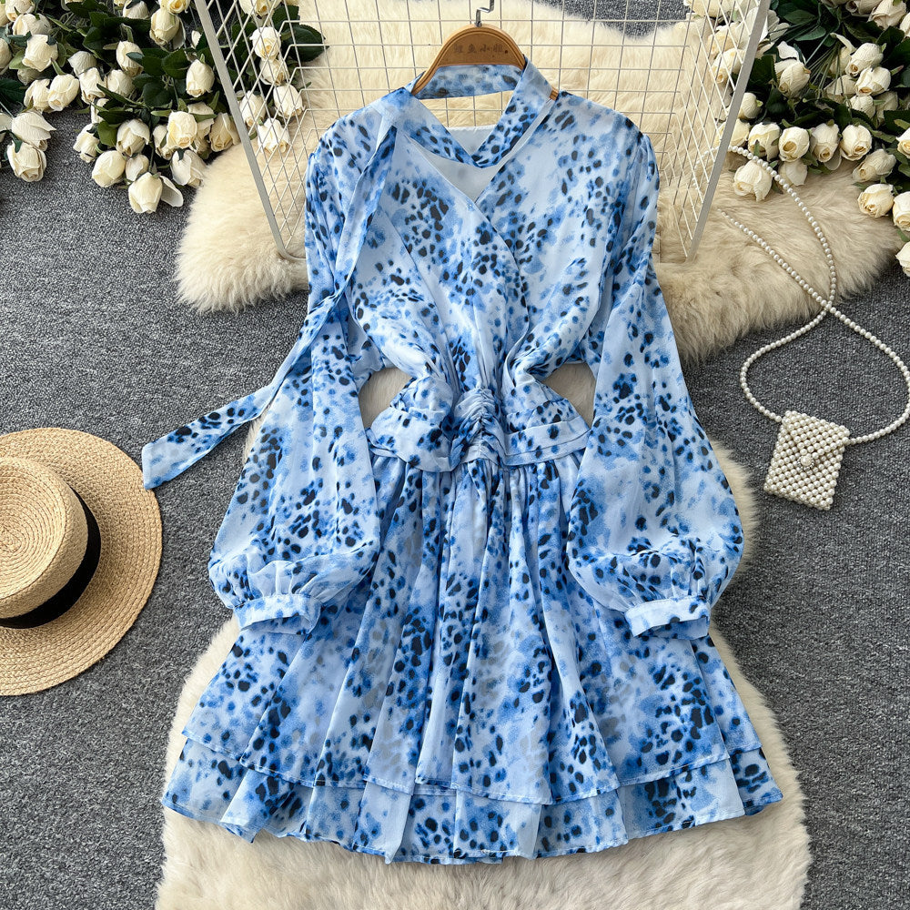 French retroelegancev neck ribbon long sleevesprintingdress women's waist slimming look a line skirt work clothing