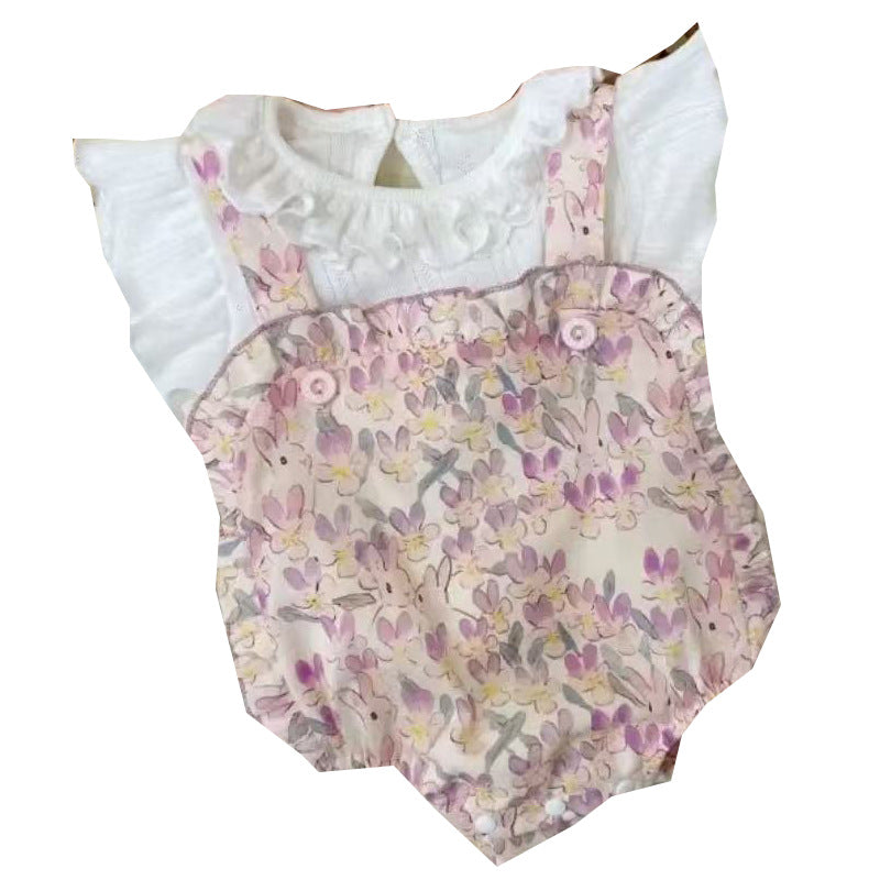 Baby girl summer lightweight romper outfit, floral print bodysuit, infant short-sleeve romper, stylish four-piece set